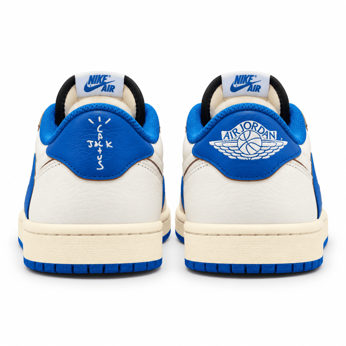 Nike Air Jordan 1 Low OG Travis Scott x Fragment Sail and Military Blue sneakers.