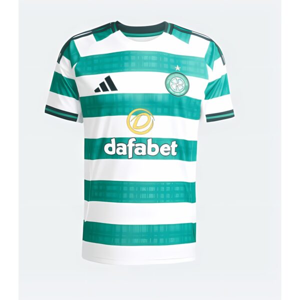 Celtic FC away kit jersey with green and white horizontal stripes, sponsor logo.