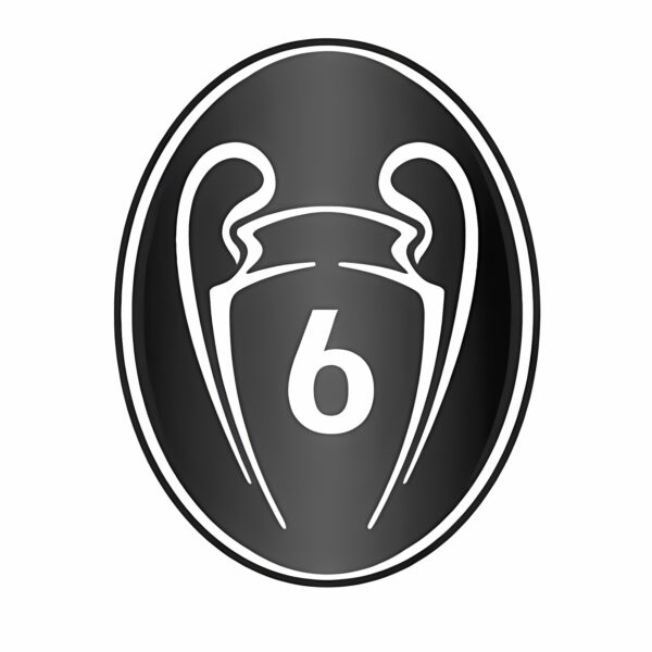 UEFA Champions League trophy with number 6 in the center in black and white.