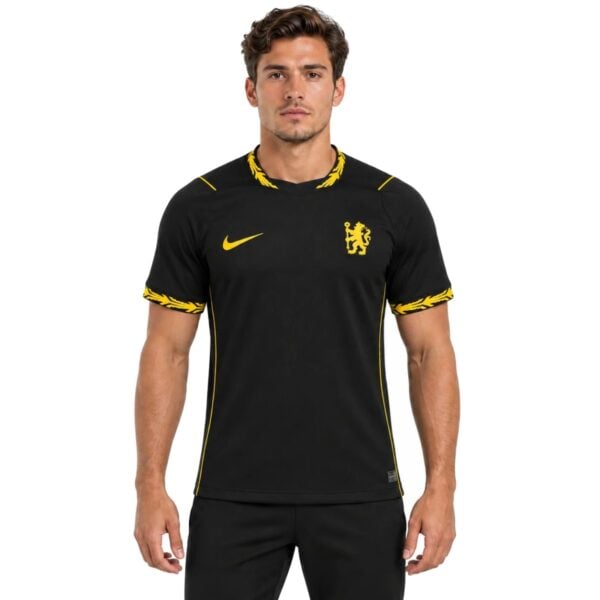 Chelsea Away Jersey 202627 black shirt front view with yellow lion crest - UAE SPORT STORE Chelsea Away Jersey 2026/27 black shirt front view with yellow lion crest