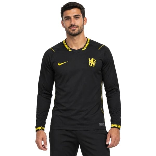 Chelsea Away Long Sleeve Jersey 202627 black front view with yellow lion crest - UAE SPORT STORE Chelsea Away Long Sleeve Jersey 2026/27 black front view with yellow lion crest