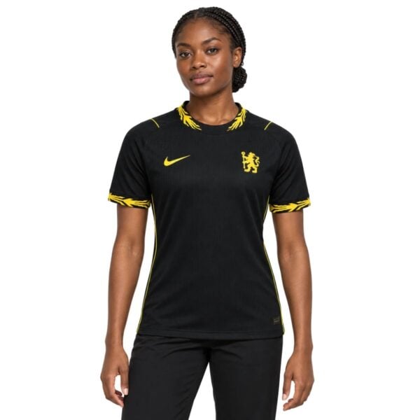 Chelsea Away Women Jersey 202627 black shirt front view with yellow lion crest - UAE SPORT STORE Chelsea Away Women Jersey 2026/27 black shirt front view with yellow lion crest