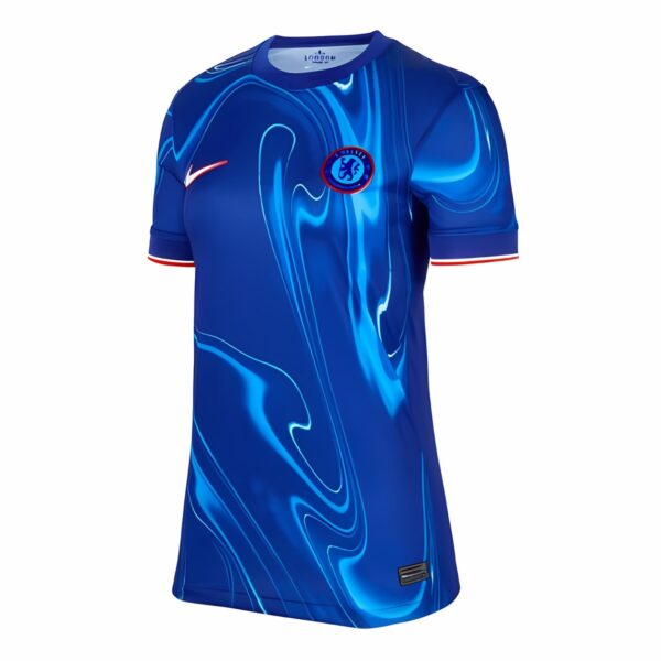 Chelsea FC away kit 2023-24 blue with abstract design and club crest.