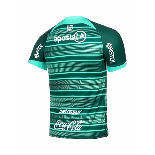 Brazil national team away football jersey with green and black stripes and sponsor logos.