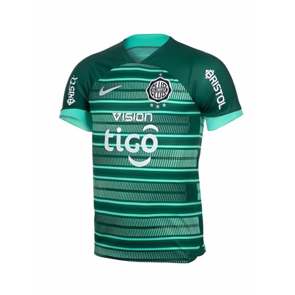 Uruguay national team away jersey with green and turquoise stripes, Tigo sponsor logo.