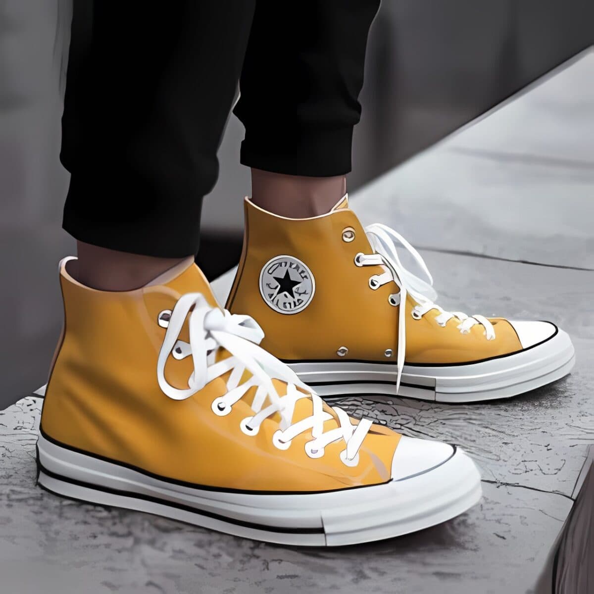 Person wearing yellow high-top Converse sneakers on a gray floor.