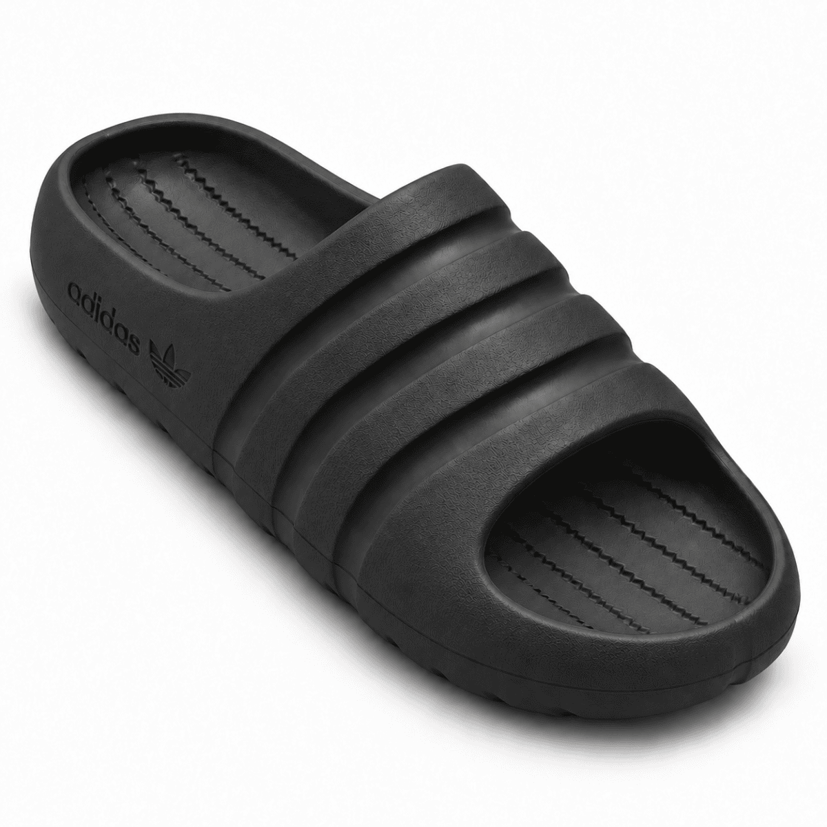 Black Adidas Adilette Ayoon Slides with Bad Bunny logo on the strap.
