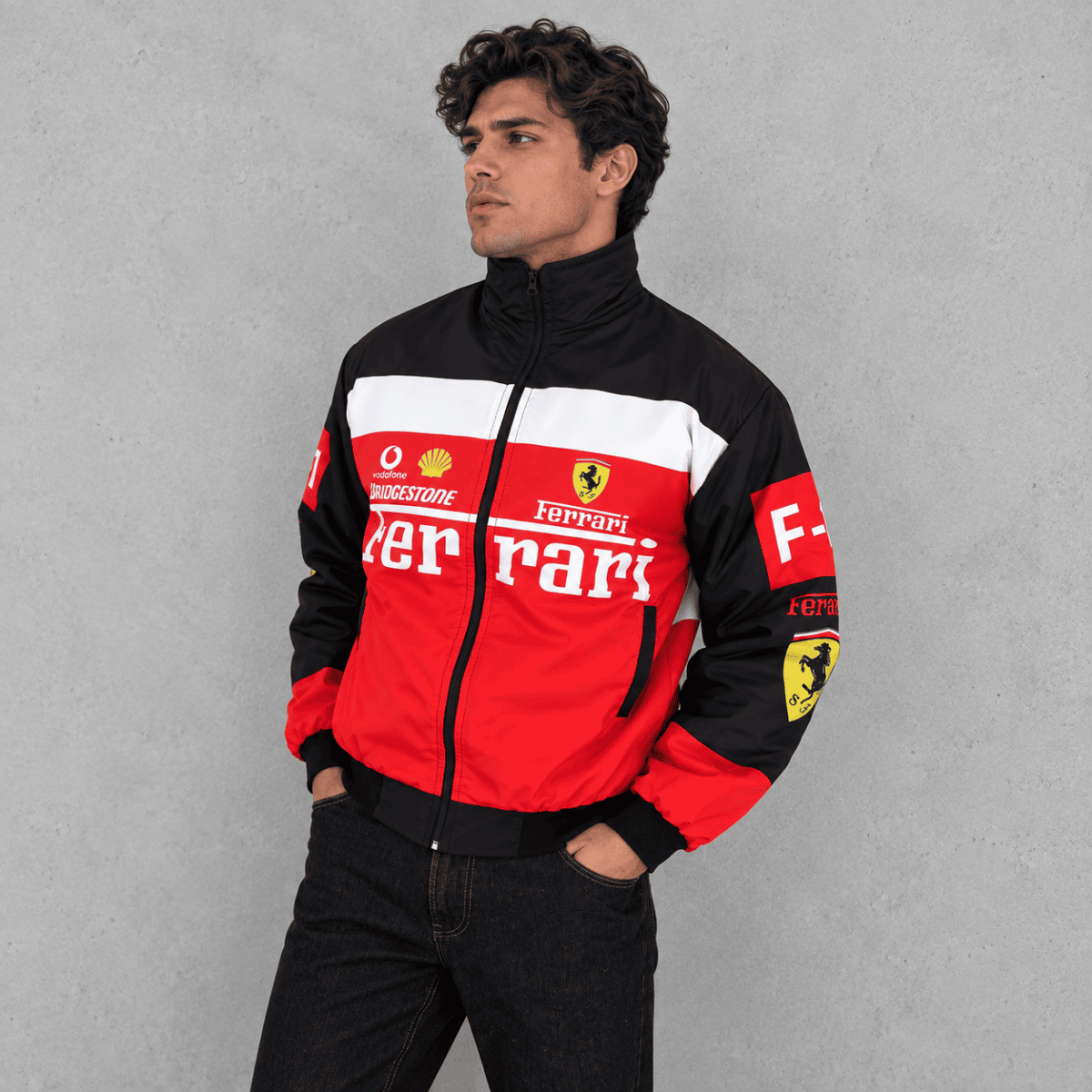 Men's Ferrari Formula 1 team jacket in red, black, and white colors.