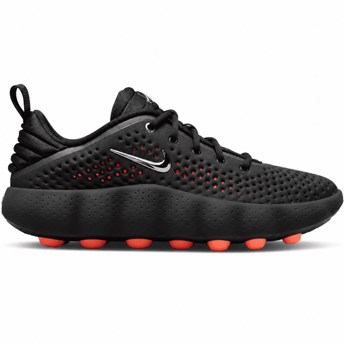 Nike Mind 002 black and hyper crimson running shoes with orange sole accents.