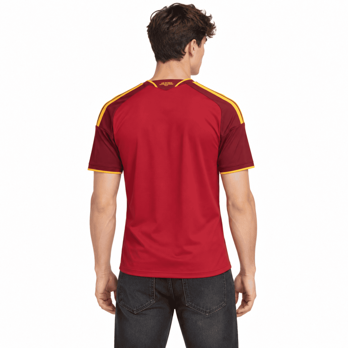 Roma home jersey 2026/27 in red with yellow accents, back view.