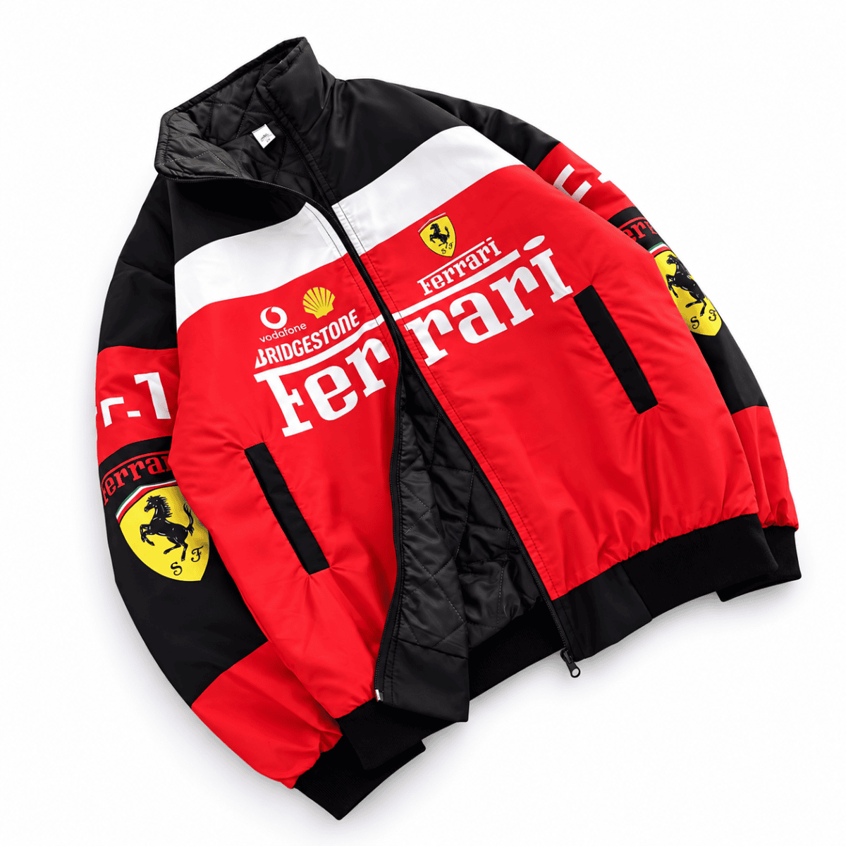 Ferrari branded black and red racing jacket with sponsor logos and Ferrari emblem.