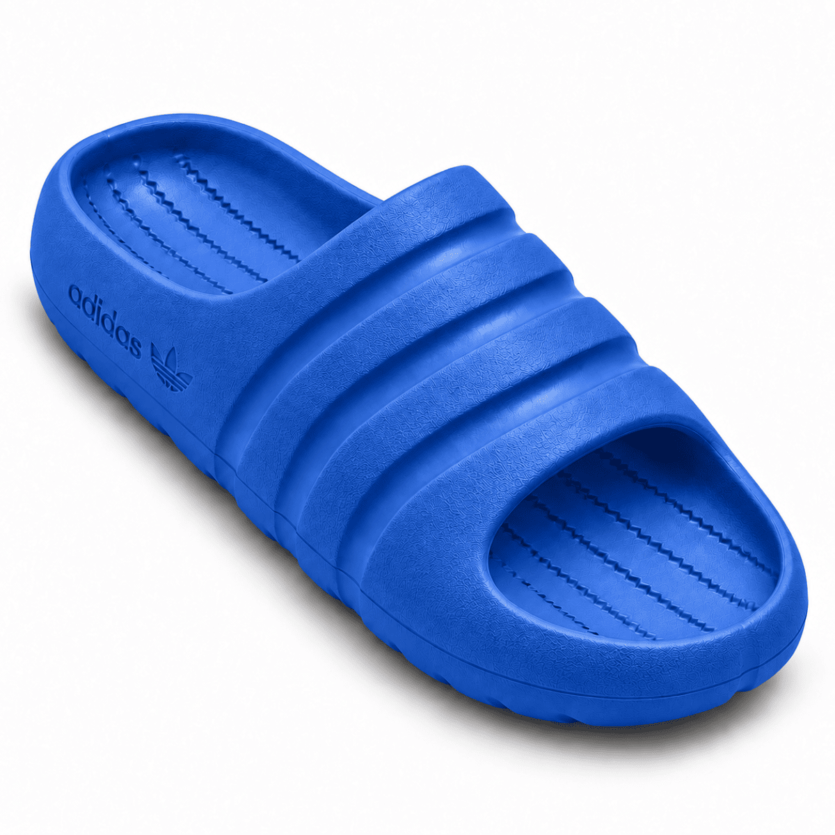 Blue Adidas Adilette Ayoon Slides x Bad Bunny on white background.