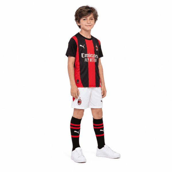 download - UAE SPORT STORE Young boy in AC Milan kids' home kit 2026/27, red and black jersey, white shorts, black socks.
