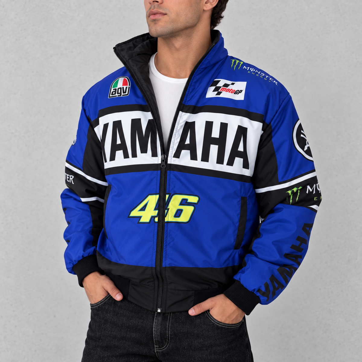 Yamaha MotoGP racing jacket with blue, black, and white colors and sponsor logos.