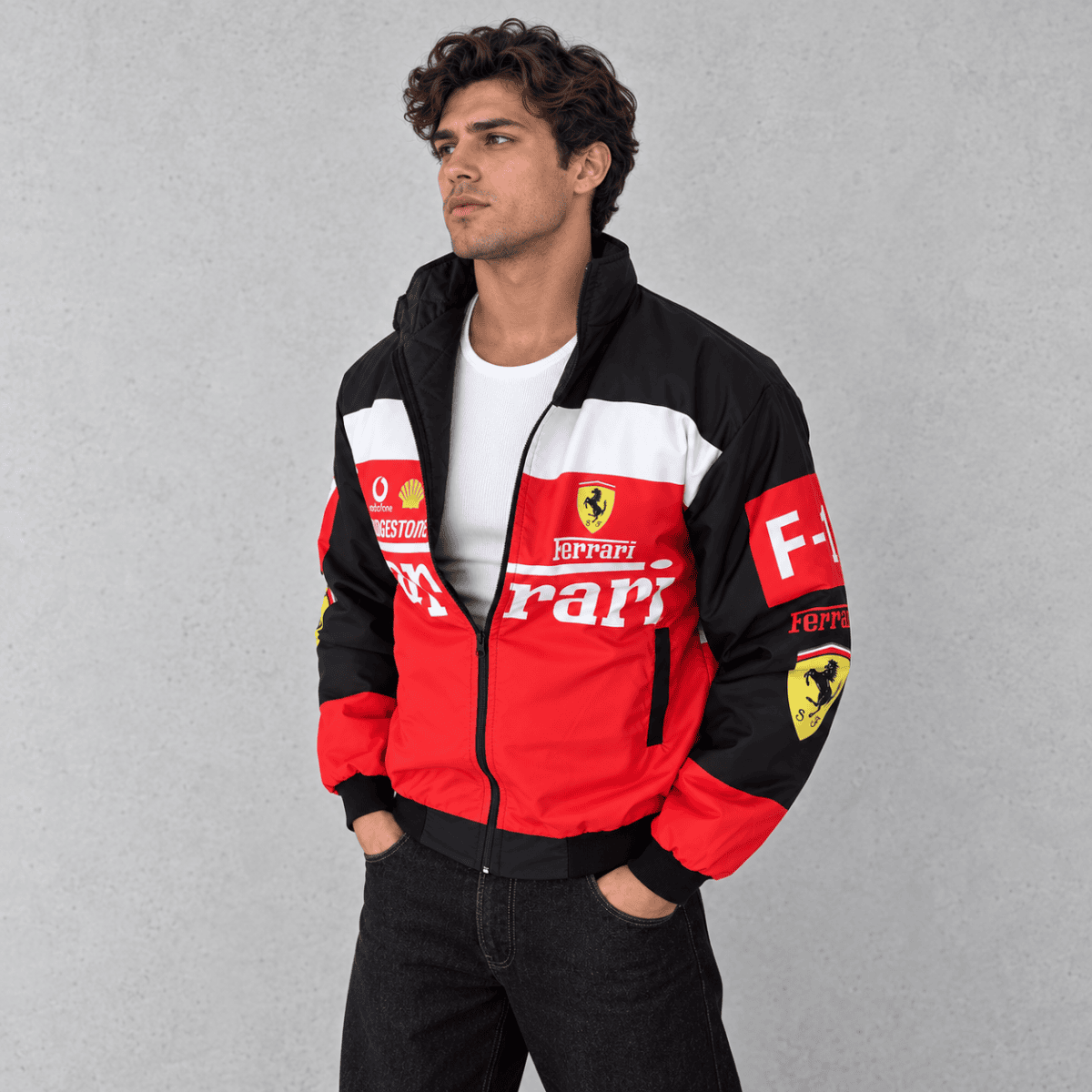 Ferrari Formula 1 team jacket with red, black, and white colors and Ferrari logo.