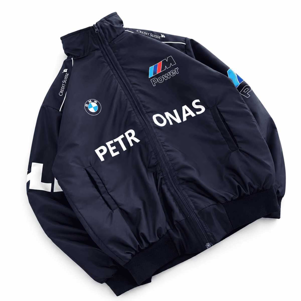 BMW Motorsport jacket with logos and sponsor names in navy blue color.