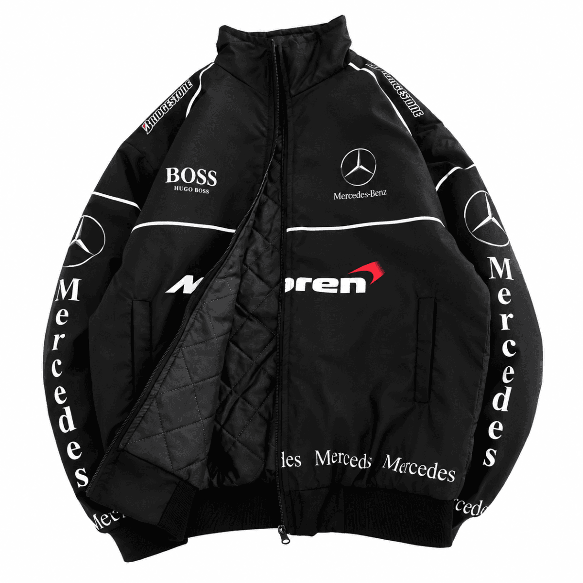 Black Mercedes-Benz branded sports jacket with logos and white accents.