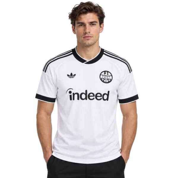 Eintracht Frankfurt Away Jersey 202627 front white shirt with black V-neck collar - UAE SPORT STORE Eintracht Frankfurt Away Jersey 2026/27 front – white shirt with black V-neck collar