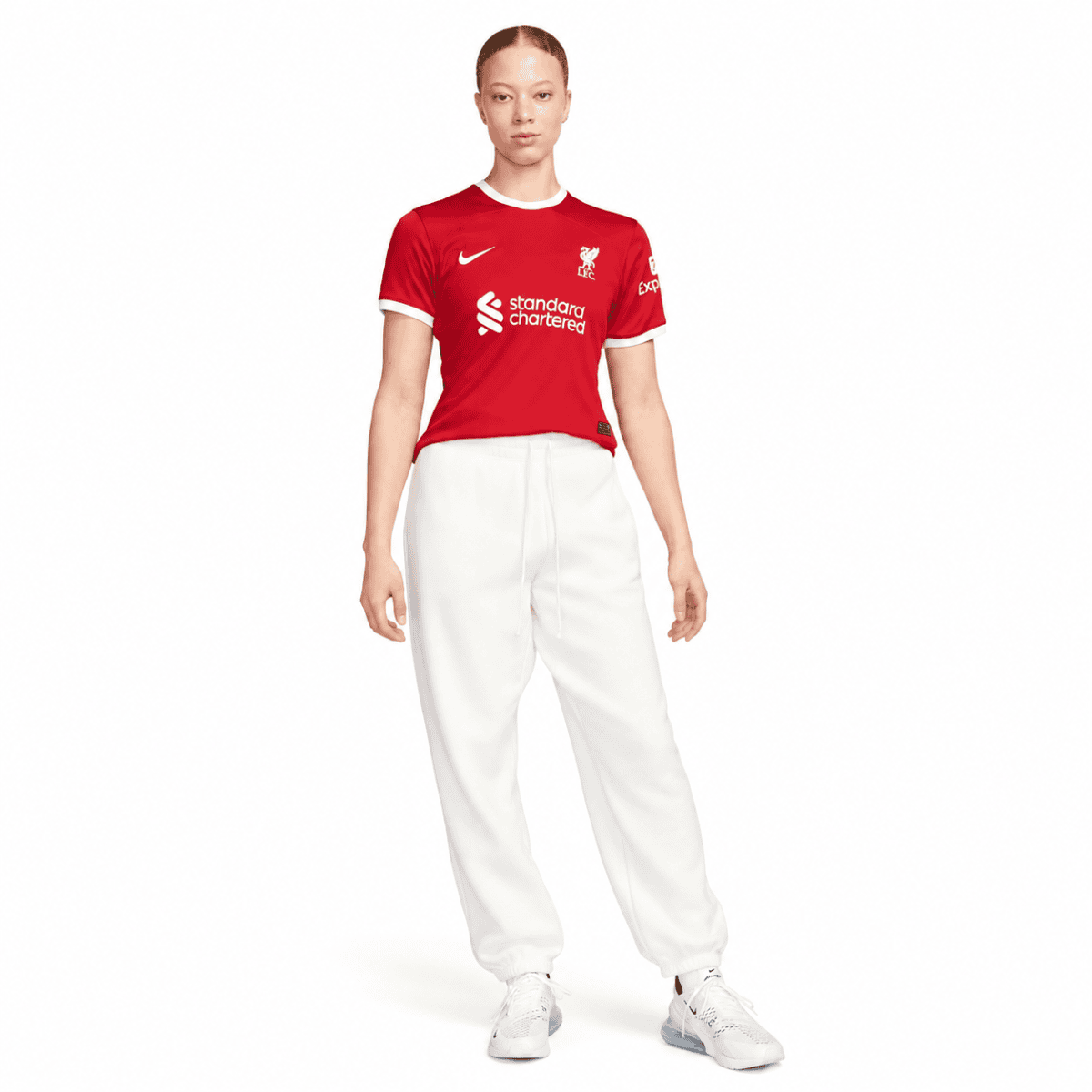 Liverpool Women's home jersey 2023/24 red kit with white accents and sponsor logo.