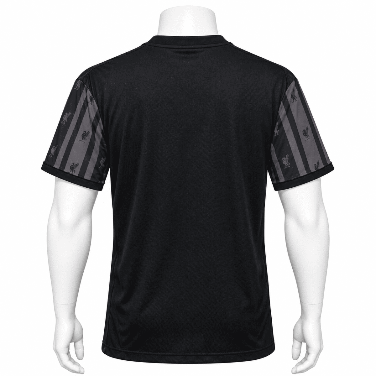 Liverpool special edition blackout jersey back view in black with striped sleeves.