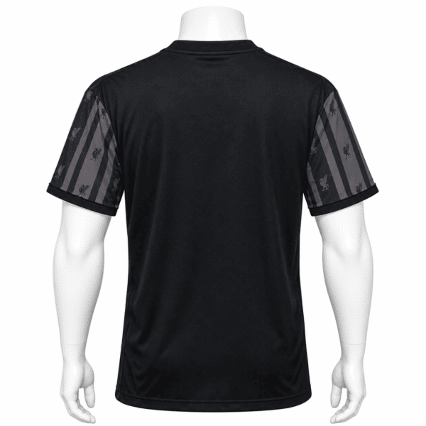 Liverpool special edition blackout jersey back view in black with striped sleeves.