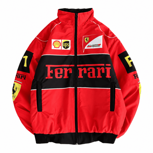 f91cf70e-fe44-4a26-97da-1a574e3fe778 - UAE SPORT STORE Red Ferrari Formula 1 team jacket with sponsor logos and black accents.