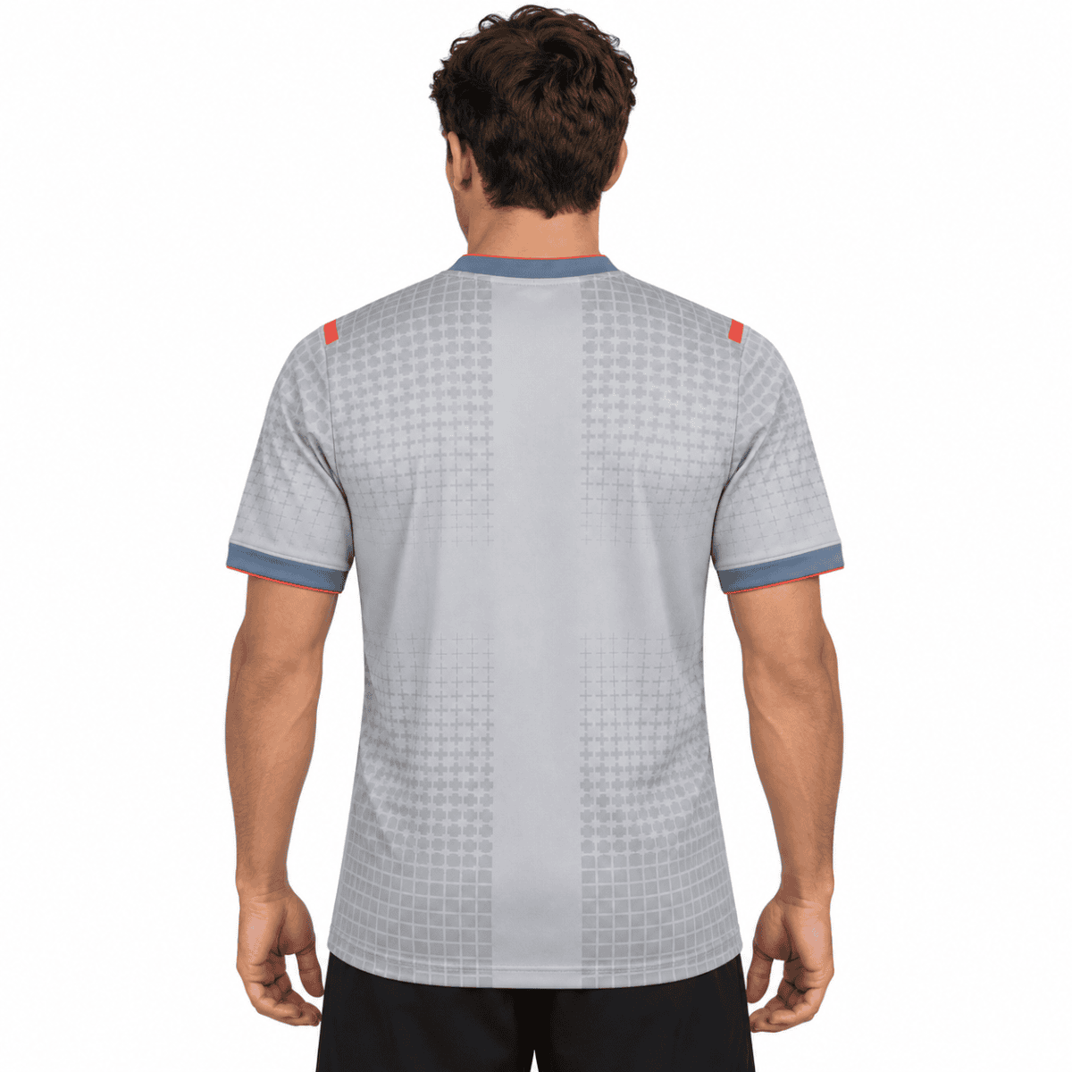 England men's football jersey with grey and blue design, back view.