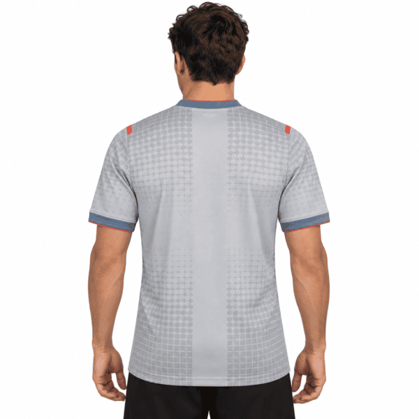 England men's football jersey with grey and blue design, back view.