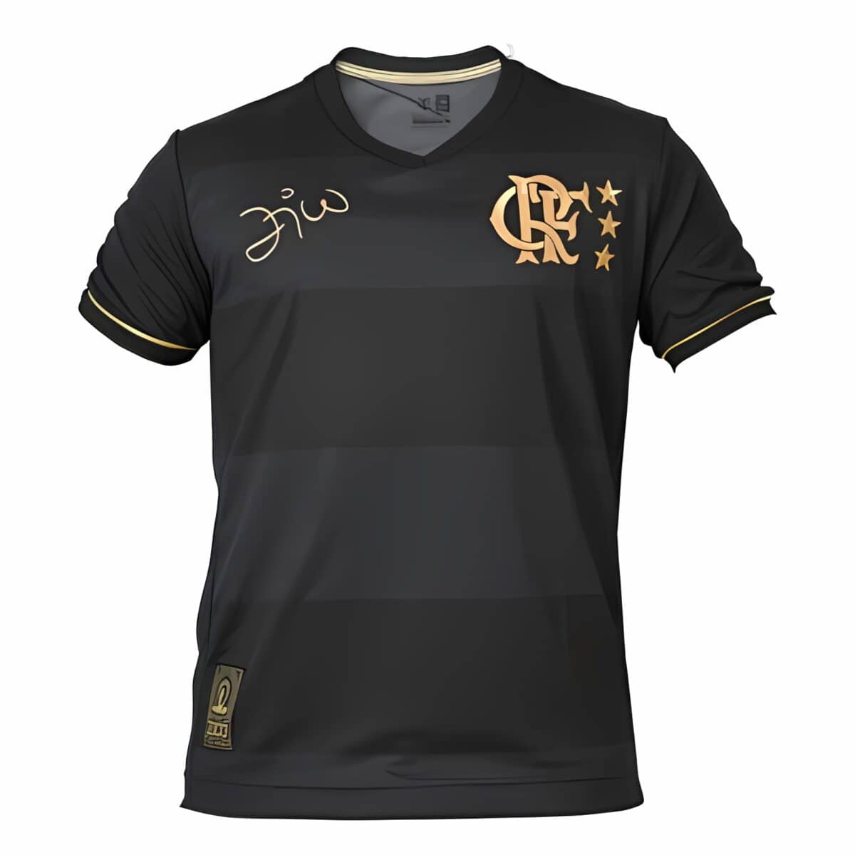 Black football jersey with gold logo and stars, signed, for Flamengo club.