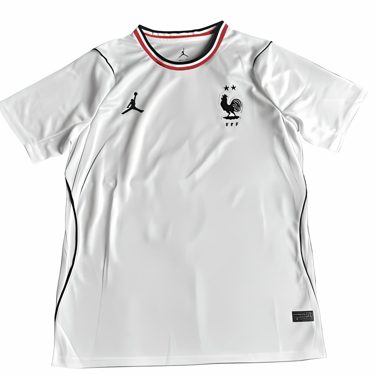France national team football jersey, home kit, white with black and red accents.