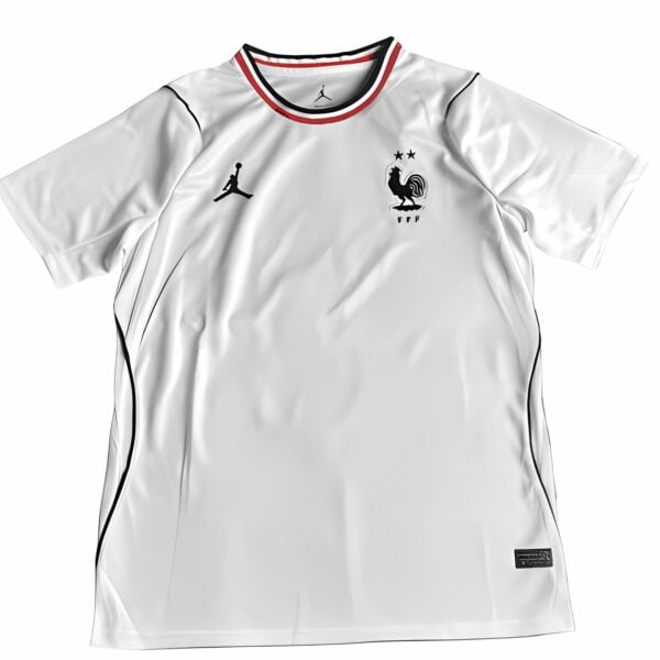 France national team football jersey, home kit, white with black and red accents.