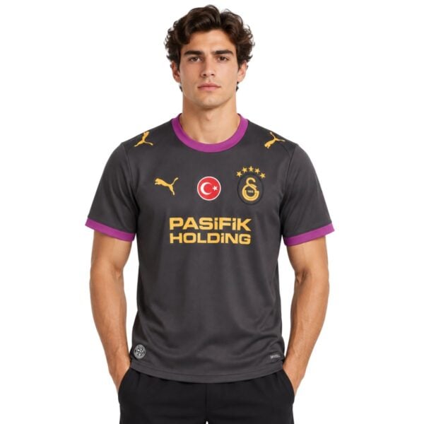 Galatasaray Away Jersey 202627 front charcoal grey with purple collar - UAE SPORT STORE Galatasaray Away Jersey 2026/27 front – charcoal grey with purple collar