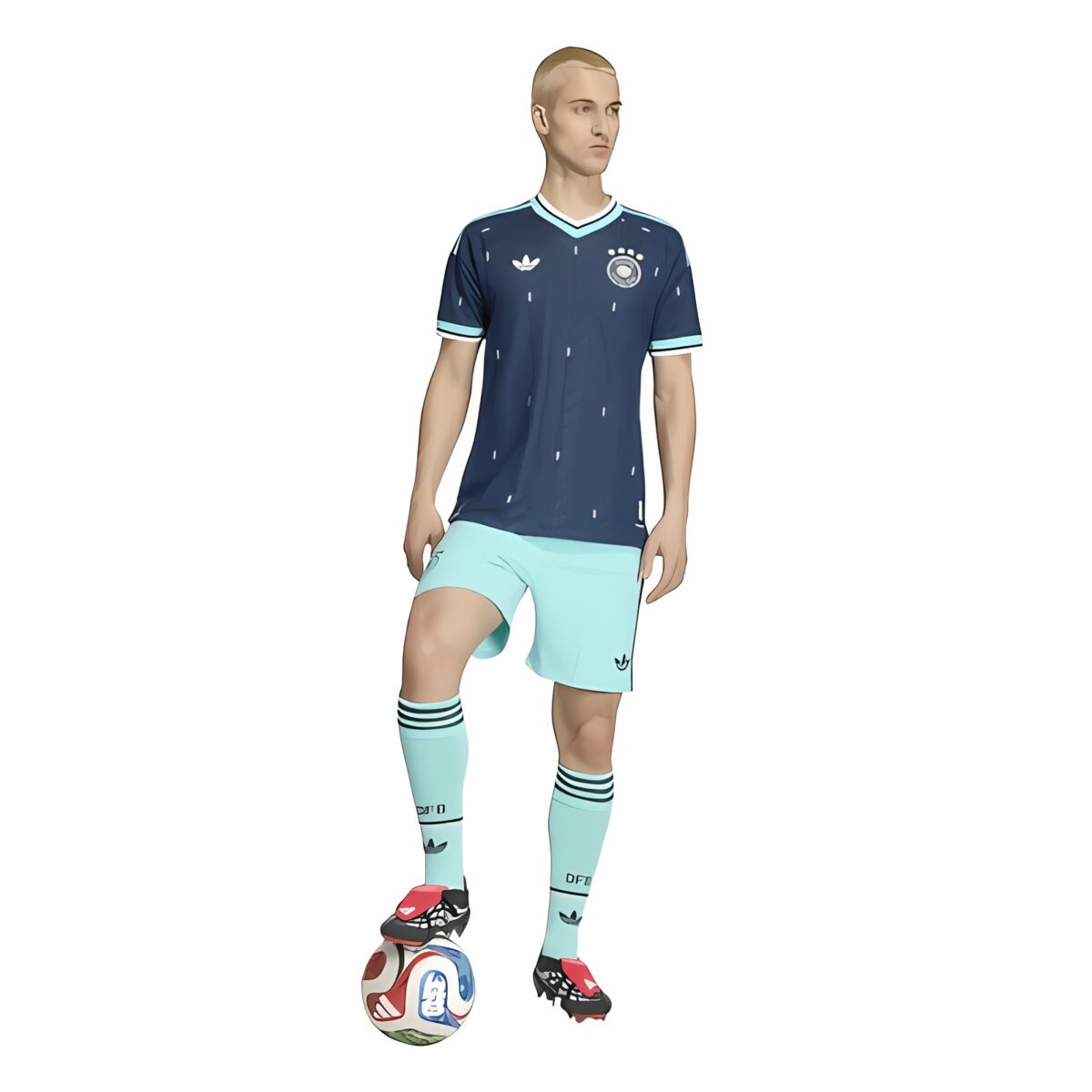 Germany away football kit with blue jersey and light blue shorts and socks.