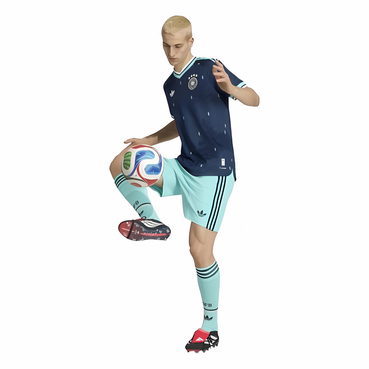 German national team football kit, home, 2022 season, blue jersey and light blue shorts.