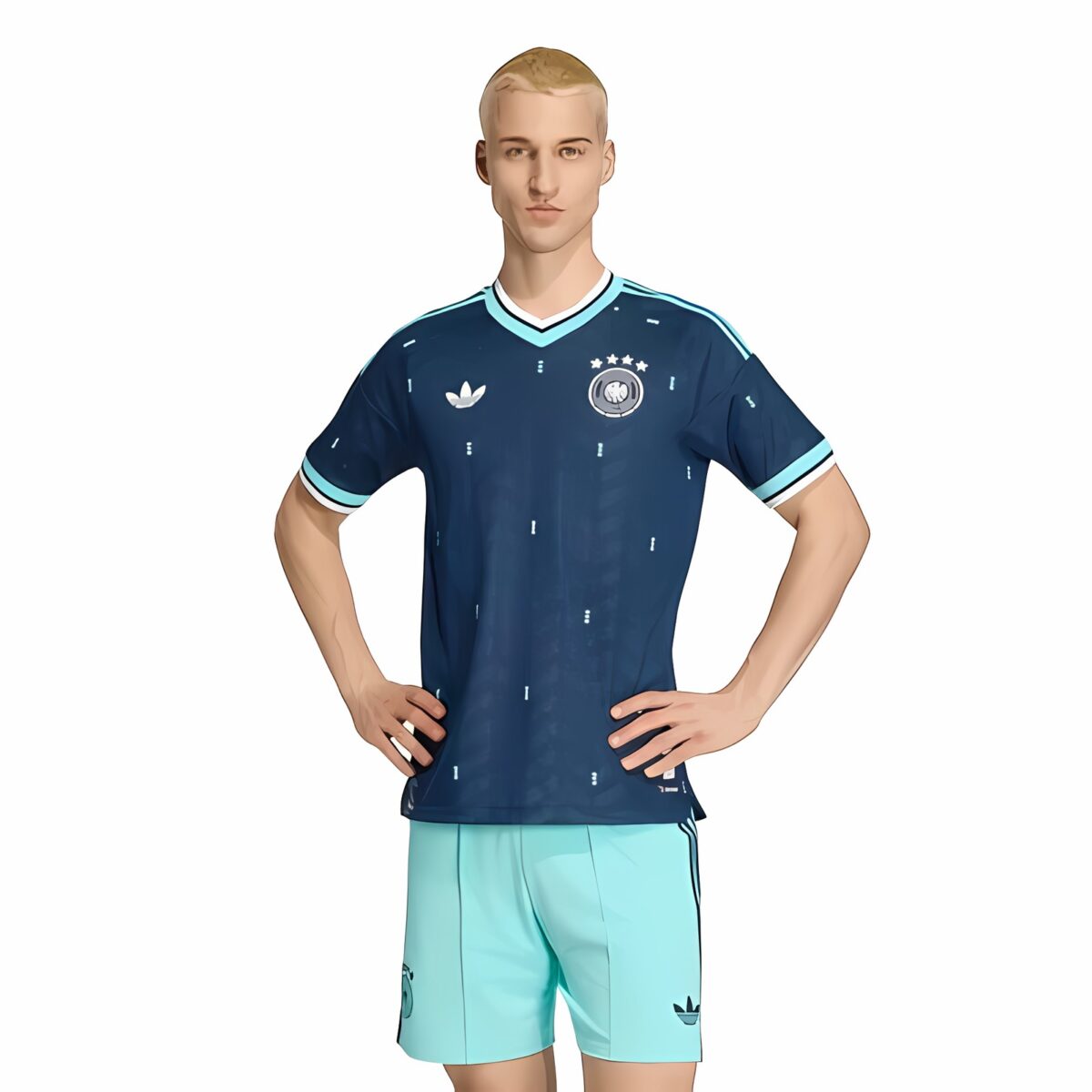 Germany national team away kit, blue jersey and light blue shorts, front view.