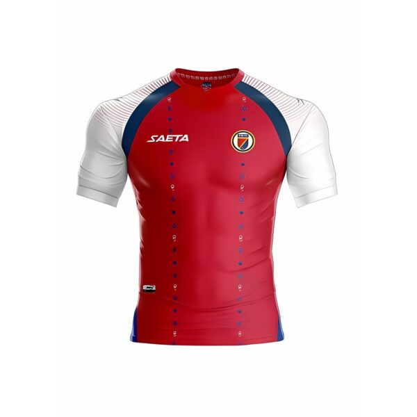 Red and white football jersey with club crest and 'SAETA' logo.