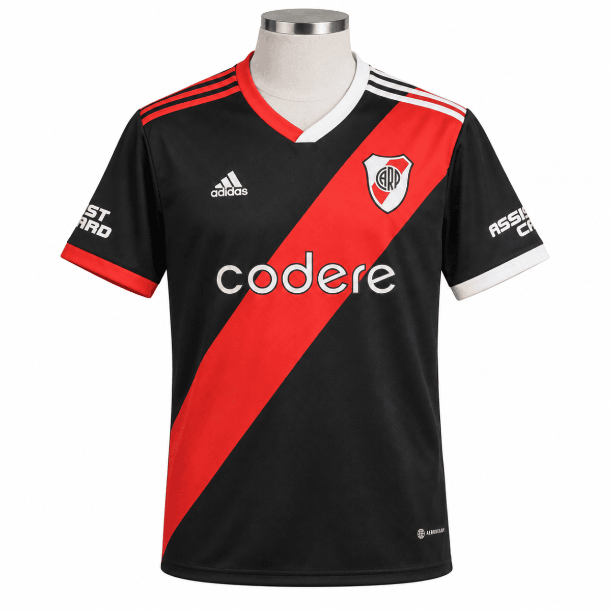 River Plate home football jersey black red white colors 2023 season.