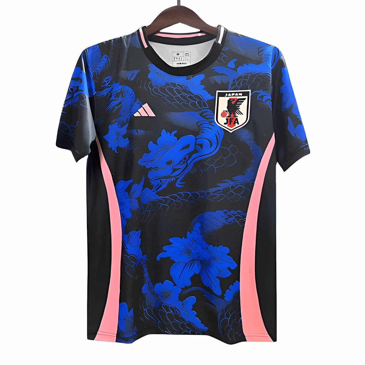 japan-blue-black-special-edition-jersey-24-25-main-37596 - UAE SPORT STORE Japan national team football jersey with blue dragon and floral design, black and pink accents.