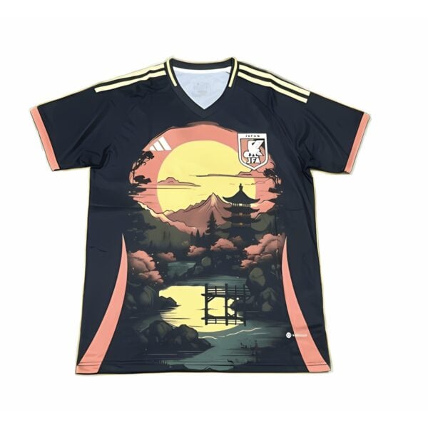 Football jersey with Japanese landscape design, black with pink accents.