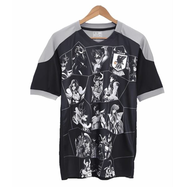Anime-themed Japan national football team jersey with black, white, and gray colors.