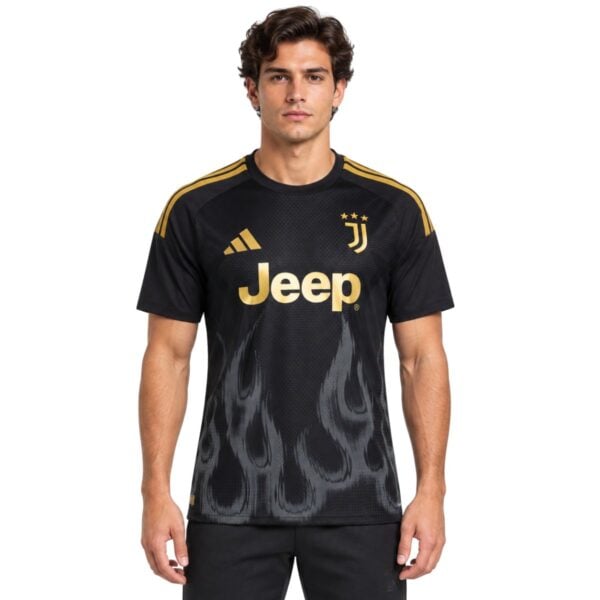 Juventus Third Jersey 202627 front black shirt with grey flames and gold details - UAE SPORT STORE Juventus Third Jersey 2026/27 front – black shirt with grey flames and gold details