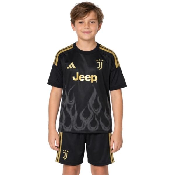 Juventus Third Kit Kids 202627 black jersey and shorts front view with gold Jeep sponsor - UAE SPORT STORE Juventus Third Kit Kids 2026/27 black jersey and shorts front view with gold Jeep sponsor