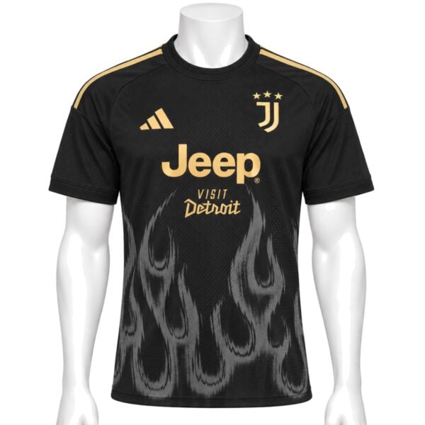 Juventus Third Player Version Jersey 202627 front black shirt with grey flames gold crest and Jeep sponsor - UAE SPORT STORE Juventus Third Player Version Jersey 2026/27 front – black shirt with grey flames, gold crest and Jeep sponsor