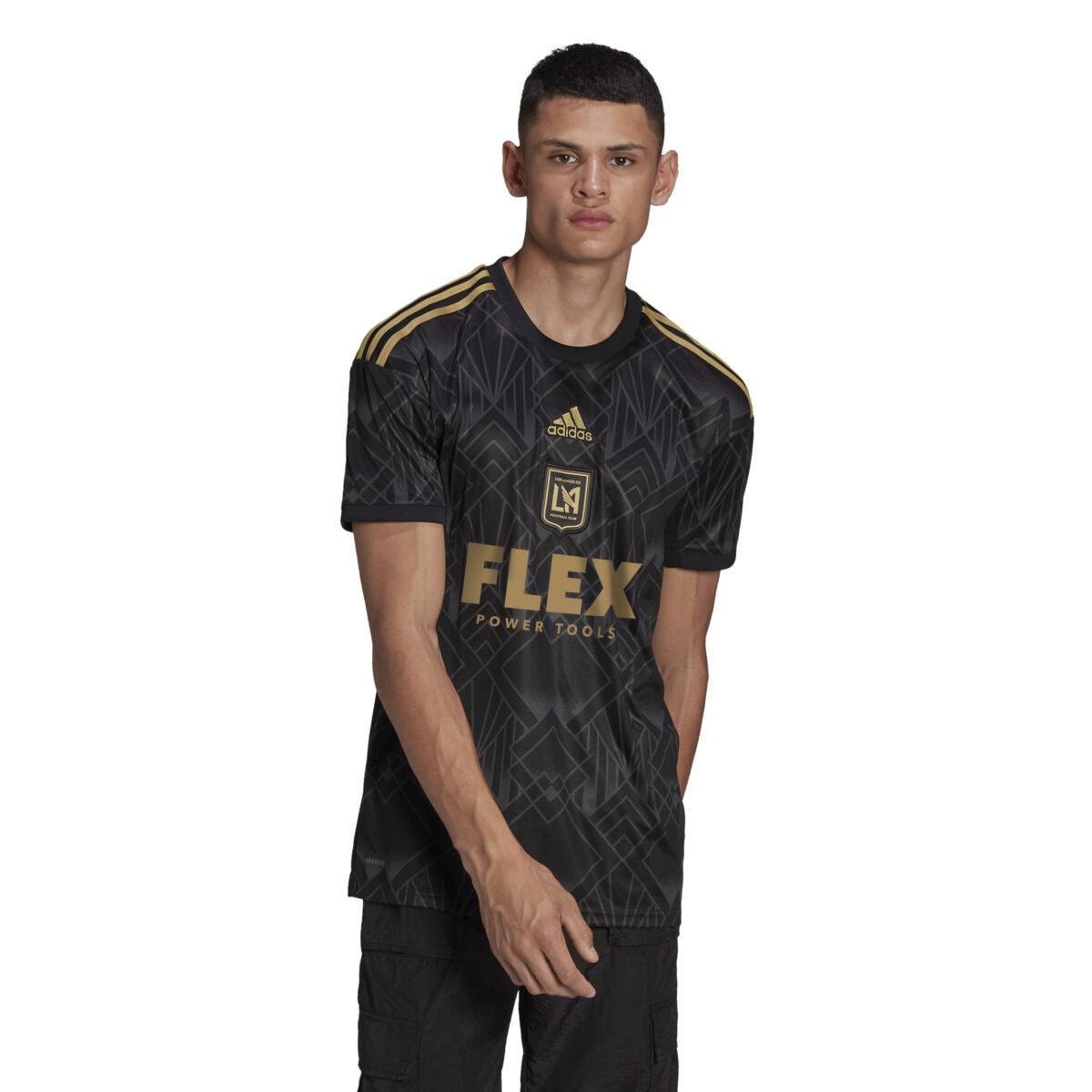 Model wearing the black Adidas LAFC 2022 home football jersey