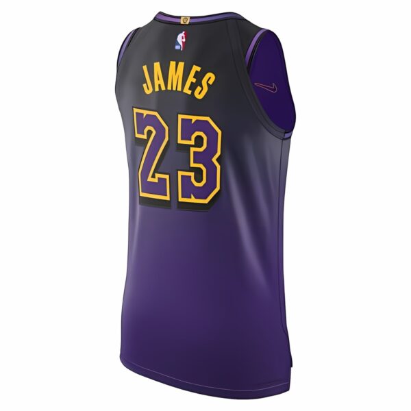 lebron-james-los-angeles-lakers-2024-25-city-edition-main-38483 - UAE SPORT STORE Los Angeles Lakers basketball jersey with 'JAMES' and number 23 in purple and gold.
