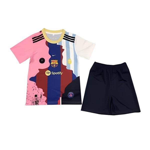 lionel-messi-all-club-mix-jersey-kids-kit-main-167836 - UAE SPORT STORE Paris Saint-Germain away kit 2023 with pink, blue, white, and black colors.