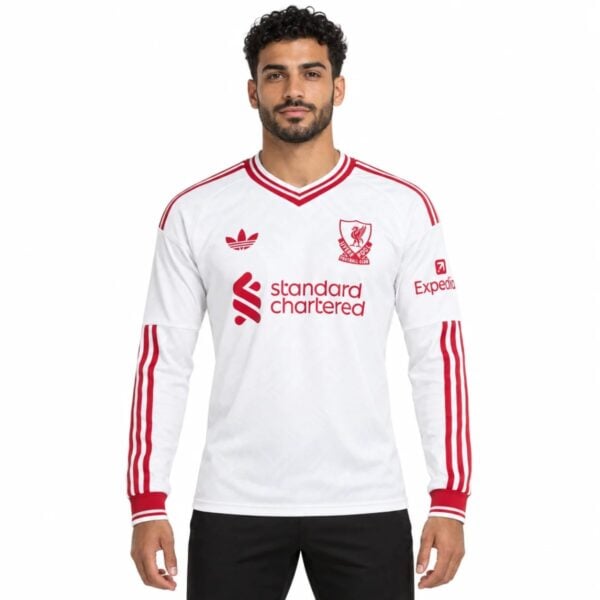 Liverpool Away Long Sleeve Jersey 202627 white shirt front view with Liverbird crest - UAE SPORT STORE Liverpool Away Long Sleeve Jersey 2026/27 white shirt front view with Liverbird crest
