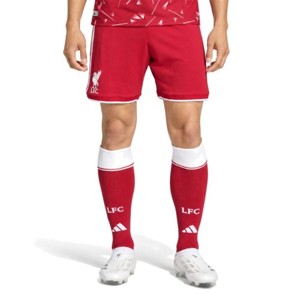 Liverpool Home Short 202627 front view red with white Three Stripes and Liver Bird crest - UAE SPORT STORE Liverpool Home Short 2026/27 front view – red with white Three Stripes and Liver Bird crest