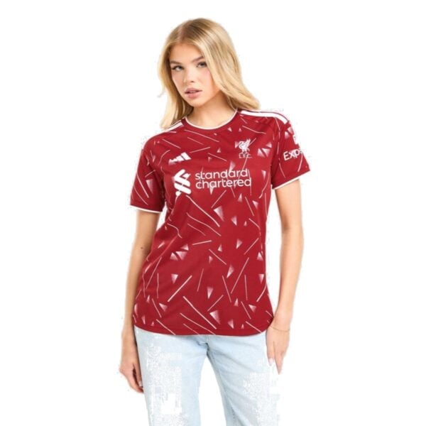 Liverpool Home Women Jersey 202627 front view red with white geometric print and Standard Chartered - UAE SPORT STORE Liverpool Home Women Jersey 2026/27 front view – red with white geometric print and Standard Chartered