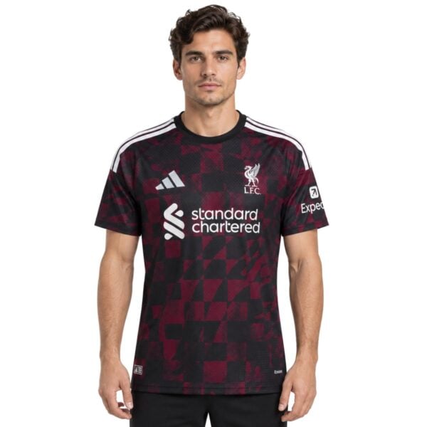 Liverpool Third Jersey 202627 front black shirt with burgundy geometric pattern - UAE SPORT STORE Liverpool Third Jersey 2026/27 front – black shirt with burgundy geometric pattern
